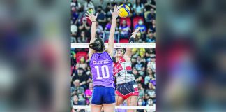 Guimarasnon Jovelyn Gonzaga goes for a tough attempt against Choco Mucho Flying Titans’ Kat Tolentino. PVL PHOTO