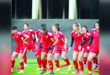 Members of the Philippines women’s football team train ahead of their match against New Zealand today. PWFT PHOTO