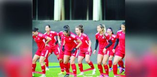 Members of the Philippines women’s football team train ahead of their match against New Zealand today. PWFT PHOTO