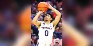 Kihei Clark was scoreless in six minutes in Utah Jazz’s 108-96 win over Minnesota Timbervoles in the 2023 NBA Summer League. PHOTO COURTESY OF VIRGINIA