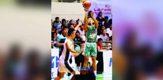 Bacolodnon Jan Pastias of Negros Pau Muscovados drills a three-pointer against the defense of Manila Stars’ James Mangahas. MPBL PHOTO