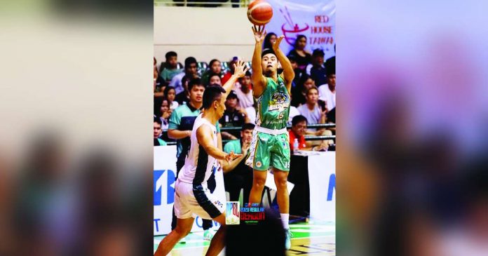 Bacolodnon Jan Pastias of Negros Pau Muscovados drills a three-pointer against the defense of Manila Stars’ James Mangahas. MPBL PHOTO