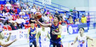 Rain or Shine Elasto Painters’ Anton Asistio scoops for a layup during their 2023 PBA on Tour game against TNT Tropang Giga. PBA PHOTO