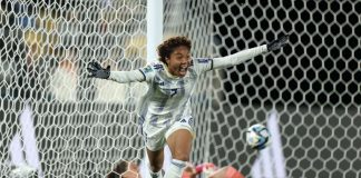 Sarina Bolden raises her hand in celebration after scoring a historic goal for the Philippines in the 2023 FIFA Women’s World Cup. FIFA PHOTO