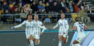 In this photo from the Philippine Women’s National Football Team Facebook page, Sarina Bolden celebrates after scoring the marginal goal in Filipinas’ win over New Zealand in the 2023 FIFA Women’s World Cup on Tuesday.