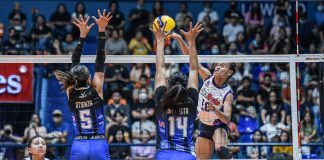 Choco Mucho Flying Titans’ Cherry Rondina goes for an attack against the defense of Foton Tornadoes’ Jaila Atienza and Ilongga Nerissa Bautista. PVL PHOTO