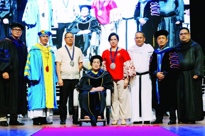 banner_pic_resized Dr. Olivia Villaflores Yanson (seated) was conferred an Honorary Degree of Doctor of Philosophy in Business Management by the University of Negros Occidental Recoletos (UNO-R) Bacolod on Aug. 30, 2023. With her were her son Leo Rey Yanson (3rd from left) and daughter Ginette Yanson Dumancas (5th from left). Also present during the conferment were UNO-R Bacolod president Rev. Fr. Joel Alve, OAR (2nd from left); Dr. Dennis Madrigal (leftmost), dean of the Recoletos de Bacolod Graduate School; Rev. Fr. Romeo Ben Potencio, Jr., OAR, (3rd from right) Vice President for Academics and Research; Commission on Higher Education Region 6 director Raul Alvarez (2nd from right); and Rev. Fr. Rafael B. Pecson (rightmost), OAR Councilor and President of the Recoletos Educational Apostolate in the Philippines and Vice Chair of UNO-R Inc. Board of Trustees.