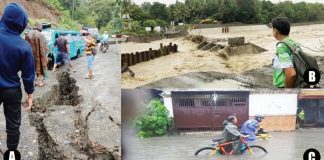 DAMP DISRUPTIONS. Incessant monsoon rains since Monday night has brought so much inconvenience to parts of Western Visayas. (A) A softened road in Barangay Igbucagay, Hamtic, Antique cracked and endangered travellers. (B) In Iloilo province, an overflow bridge in Barangay Lubacan, Guimbal town became impassable. (C) In Iloilo City, some streets got flooded such as in Barangay Bolilao, Mandurriao district. PHOTO BY NADINE BERTOLANO (A), GUIMBAL MDRRMO (B), CONTRIBUTED PHOTO (C).