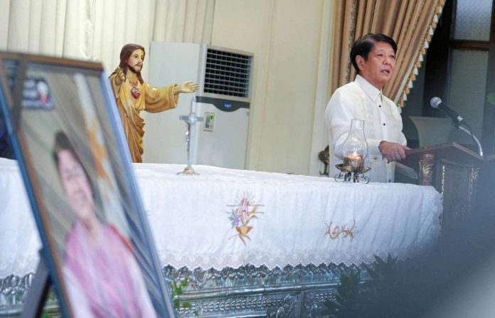 ople_resized President Ferdinand Romualdez Marcos Jr. teary-eyed during his eulogy for the late Migrant Workers Secretary Susan “Toots” Ople. PRESIDENTIAL COMMUNICATIONS OFFICE PHOTO