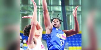 Rain or Shine Elasto Painters’ Angelo Kouame goes for a basket against a Japanese defender. PHOTO COURTESY OF JONES CUP