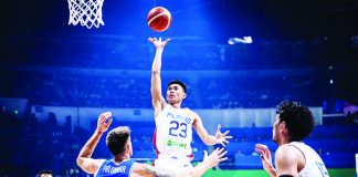 Gilas Pilipinas’ Rhenz Abando goes for a floater against the defense of Italy’s Achille Polonara. FIBA PHOTO