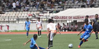 Western Visayas elementary boys football team’s Drystan Alexandrae Delgado-Torres (right) prepares to kick the ball during their 2023 Palarong Pambansa gold medal match against Northern Mindanao. PHOTO COURTESY OF DEPED TAYO WESTERN VISAYAS REGION