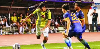 Marwin Angeles (8) completes a hat trick in Kaya Futbol Club-Iloilo’s 11-0 win over Don Bosco Garelli United. PHOTO COURTESY OF KAYA-ILOILO