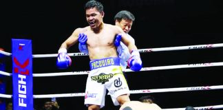 Retired Filipino boxer Manny Pacquiao knocks down South Korean Youtuber DK Yoo during their exhibition match last December 2022. PHOTO COURTESY OF WENDELL ALINEA/MP PROMOTIONS