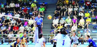 The ball floats on the air after being saved by a Western Visayas secondary girls volleyball team player. PHOTO COURTESY OF DEPED TAYO WESTERN VISAYAS REGION