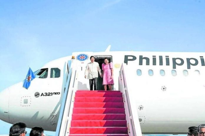 travel_resized FIFTH STATE VISIT. President Ferdinand “Bongbong” Marcos Jr. leads first lady Liza Araneta-Marcos down the stairs of the presidential plane on arrival in Kuala Lumpur, Malaysia, on July 25. It was the fifth of his state visits since he took office on June 30 last year. MALACAÑANG PHOTO