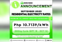 Residential electricity rate drops to P10.7139/kWh for typical households in September 2023 billing