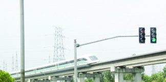 China’s magnetic levitation train in Shanghai uses the German Transrapid system. It connects Pudong Airport with the Longyang Road station in the city center, completing the 19-mile journey in around seven minutes. ERWYN VAN DER MEER PHOTO