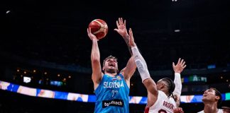 Slovenia’s Luka Doncic attacks the defense of Canada’s Dillon Brooks for an inside hit. FIBA PHOTO
