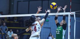 College of St. Benilde Lady Blazers’ Corrine Apostol attempts to block the shot attempt of Enderun College Lady Titans' Chrizel Aguilar. V-LEAGUE PHOTO