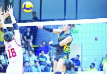 Negrense Kiesha Bedonia of Far Eastern University Lady Tamaraws drills a powerful hit against a University of Perpetual Help Lady Altas defender. PHOTO COURTESY OF V-LEAGUE