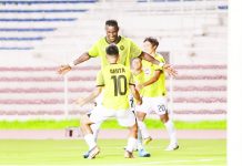 Kaya Futbol Club-Iloilo’s Abou Sy celebrates with teammate Arnel Amita after scoring a goal against FEU Tamaraws. PHOTO COURTESY OF KAYA-ILOILO