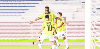 Kaya Futbol Club-Iloilo’s Abou Sy celebrates with teammate Arnel Amita after scoring a goal against FEU Tamaraws. PHOTO COURTESY OF KAYA-ILOILO