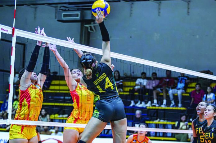 sports_negrense_resized Negrense Kiesha Bedonia of the Far Eastern University Lady Tamaraws rises for an attack against the San Sebastian College Lady Stags. V-LEAGUE PHOTO