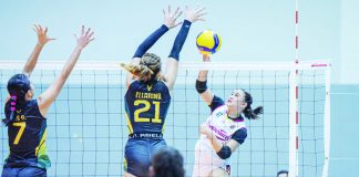 University of Perpetual Help Lady Altas’ Shaina Omipon evades a Far Eastern University Lady Tamaraws defender for a drop hit. V-LEAGUE PHOTO