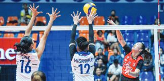 Ilongga Ma. Shaya Adorador of Chery Tiggo Crossovers goes for a hit against Galeries Tower Highrisers’ Acy Masangkay. PVL PHOTO