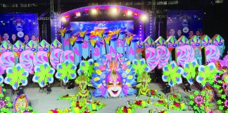 BACK-TO-BACK. Defending its crown, Barangay Granada is again hailed the 2023 MassKara street and arena dance competition champion. Photo shows dancers of Barangay Granada in their vibrant costumes during yesterday’s performance at the Paglaum stadium. DR. RONNIE BALDONADO PHOTO