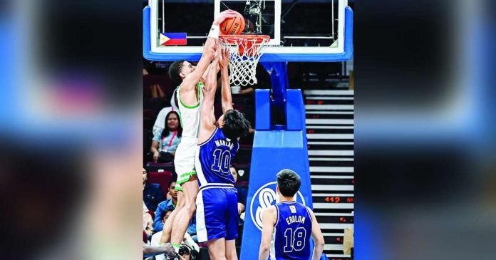 sports DLSU_superimposed De La Salle University Green Archers’ Michael Phillips scores a dunk against the defense of Adamson University Falcons’ Cedrick Manzano. UAAP PHOTO