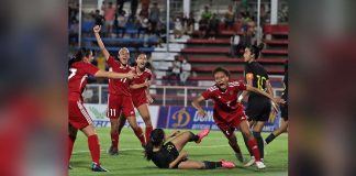 Sarina Bolden (right) was the lone goal scorer for the Filipinas in their 8-1 loss to Japan in the 19th Asian Games women’s football quarterfinals round. PHOTO COURTESY OF PWNFT