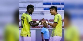 Kaya Futbol Club-Iloilo’s Robert Lopez Mendy celebrates with Daizo Horikoshi after scoring a goal in their quarterfinals encounter. PHOTO COURTESY OF KAYA-ILOILO