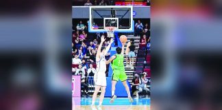 Far Eastern University Tamaraws’ L-Jay Gonzales converts the game-winning three-pointer against the Ateneo de Manila University Blue Eagles. UAAP PHOTO