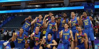 Gilas Pilipinas players celebrate their 2023 Asian Games basketball golden victory. The Philippines is Asiad men’s basketball champion again – its first since 1962. MARKO DJURICA/REUTERS