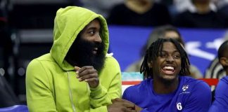 James Harden (left) shared a light moment with Philadelphia guard Tyrese Maxey during the first quarter of the 76ers game against the Portland Trail Blazers at Wells Fargo Center in Philadelphia, on Oct. 29, 2023. PHOTO BY TIM NWACHUKWU/GETTY IMAGES