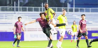 Kaya Futbol Club-Iloilo’s Abou Sy jumps into a University of the Philippines Fighting Maroons player during their 2023 Copa Paulino Alcantara quarterfinals match. PHOTO COURTESY OF KAYA-ILOILO