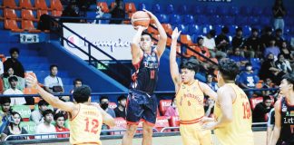Colegio de San Juan de Letran Knights’ Vince Cuajao pulls up for a three-pointer. PHOTO COURTESY OF NCAA/GMA SPORTS