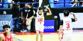 Emilio Aguinaldo College Generals’ Ralph Robin gestures after scoring a three-pointer against San Sebastian College Golden Stags. PHOTO BY NCAA/GMA SPORTS
