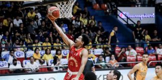 San Sebastian College Golden Stags’ Reymart Escobido stretches for a layup. PHOTO COURTESY OF NCAA/GMA SPORTS