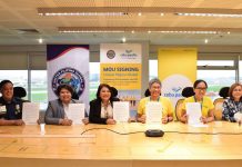 Officials from Cebu Pacific, United Filipino Global, Department of Migrant Workers, Overseas Workers Welfare Administration, and Philippine National Police pose for a photo after the MOU signing. (From L-R) Police Lieutenant General Rhodel Sermonia, Deputy Chief Administrator of the Philippine National Police; Atty. Patricia Yvonne Caunan, Undersecretary of the Department of Migrant Workers; Gemma Sotto, President of United Filipino Global; Xander Lao, CEB President and Chief Commercial Officer; Candice Iyog, CEB Chief Marketing and Customer Experience Officer; Director Rosalia Catapang of the Overseas Workers Welfare Administration.