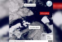 World’s biggest iceberg on the move Photo courtesy of Copernicus Sentinel-3/BBC
