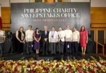 (From L to R) PCSO Director Jennifer Liongson-Guevara; GCG Commissioner Atty. Brian Keith Hosaka; GCG Commissioner Atty. Geraldine Marie Berberabe-Martinez; PCSO Chairman Junie Cua; Executive Sec. Lucas Bersamin; PCSO General Manager Melquiades Robles; GCG Chairperson Atty. Marius Corpus; PCSO Director Judge Felix Reyes (Ret); and Director Janet De Leon-Mercado during the GCG Governance Awards in PICC, Pasay City on Nov. 20, 2023.