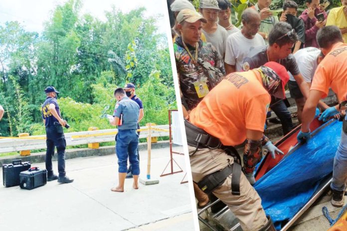 lambunao-killing Police officers scour the road in Lambunao, Iloilo, near the ravine where the lifeless body of Antonio Artiaga was discovered. Fresh bloodstains and spent bullet shells were found. AJ PALCULLO/PN