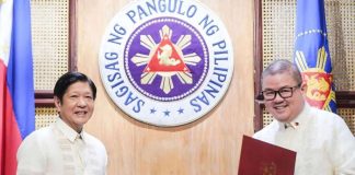 Fishing tycoon Francisco Tiu Laurel Jr. takes his oath before President Ferdinand Marcos Jr. as new agriculture secretary. PCO PHOTO