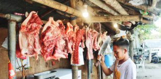 Supply and demand are driving the prices of pork in Iloilo, according to the Provincial Veterinarian Office. Photo shows a meat vendor in Barangay Tigum, Pavia, Iloilo. AJ PALCULLO/PN