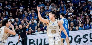 National University Bulldogs’ Jake Figueroa gestures after scoring a three-pointer against Ateneo de Manila University Blue Eagles. UAAP PHOTO