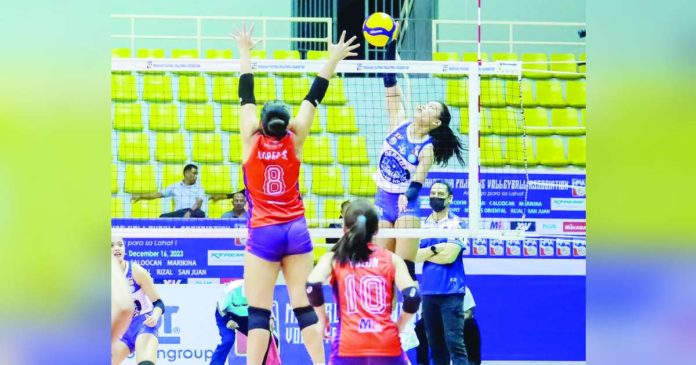 sports negros_superimposed Negros ICC Blue Hawks’ Angel Mae Habacon goes for a tough hit against Rizal XentroMall Golden Coolers. MPVA PHOTO