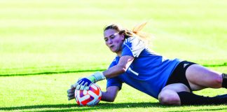 Timely saves by Filipinas goal keeper Olivia McDaniel prevented Iran from tying them in their AFC Women’s Olympic Qualifying Tournament game. PHOTO COURTESY OF PNWFT